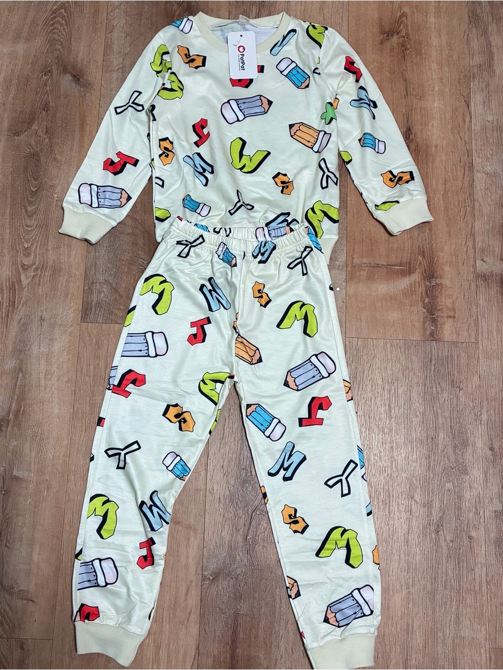 PatPat Cream Kids Pencil & Letter Print One-Piece Pajama Set